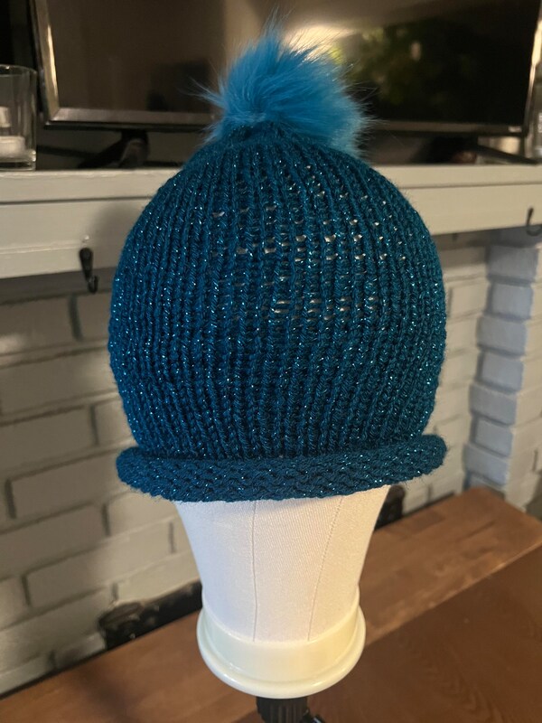 Rolled Brim Sparkly Blue Knit Hat with Faux Fur Pompom